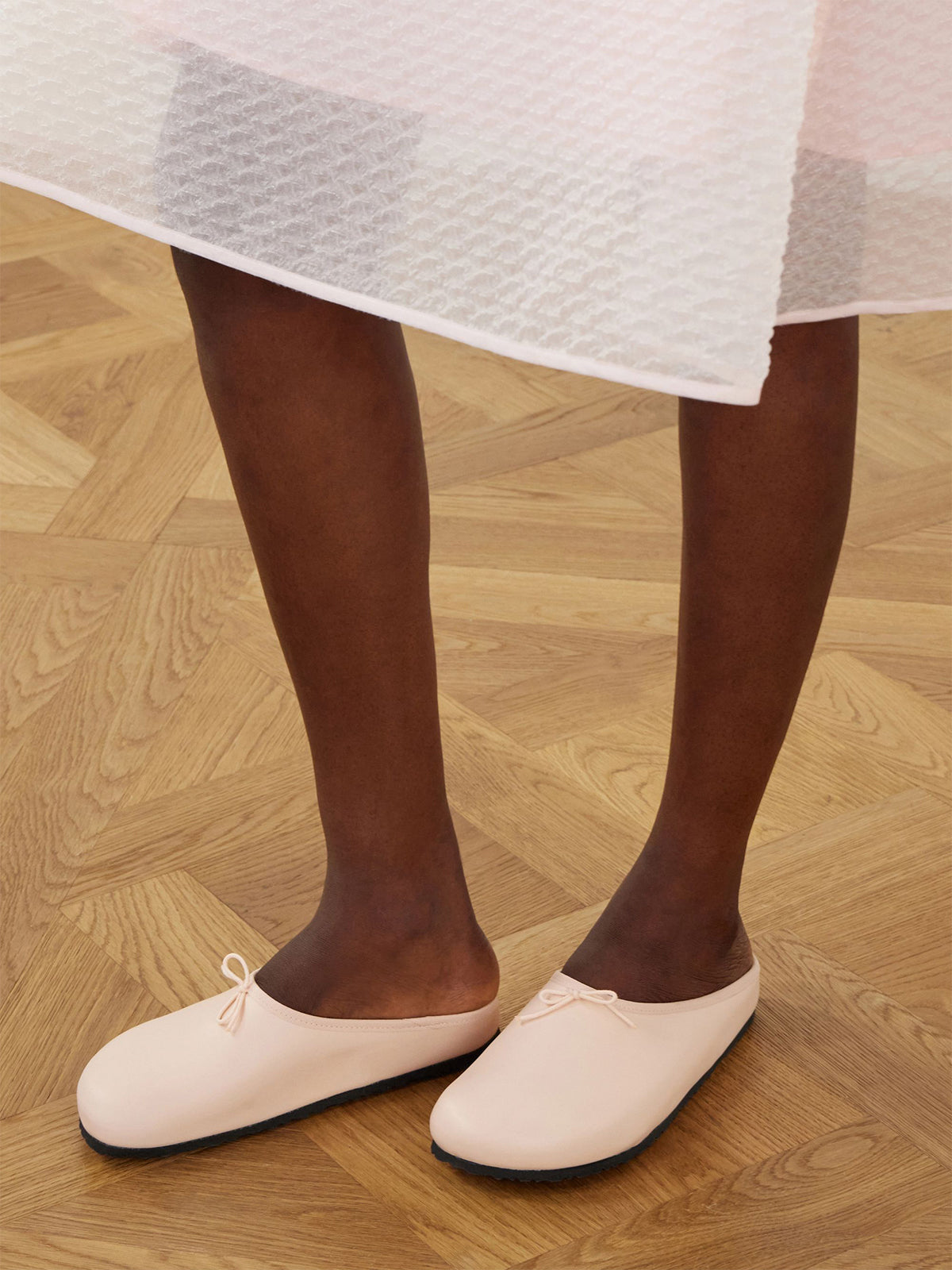 Cream Square-Toe Front Bow Backless And Ankle Strap Flats