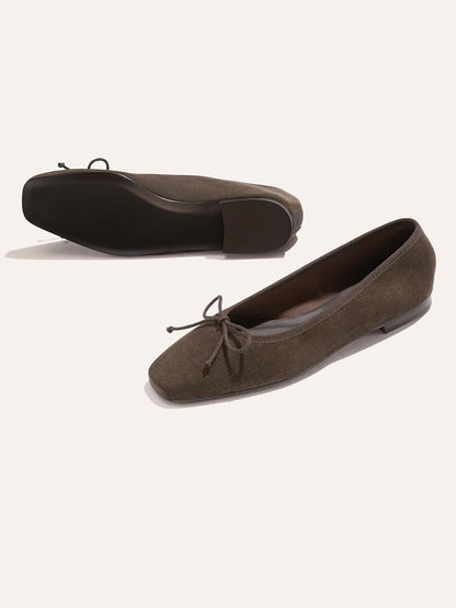 Front Bow Square-Toe Slip-On Chic Ballet Flats - Cognac Faux Suede