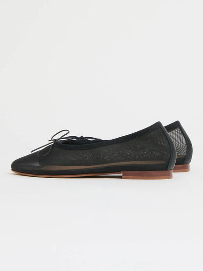 Black Mesh Round-Toe Simple Chic Ballet Flats With Front Bow