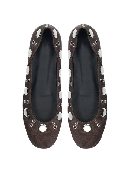 Maroon Square-Toe Eyelets And Studs Slip-On Ballet Flats