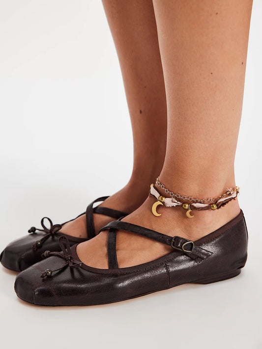 Dark Chocolate Round-Toe Front Bow Crossed Straps Ballet Flats