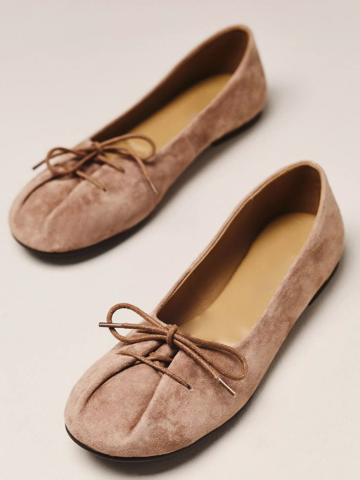 Taupe Faux Suede Round-Toe Front Bow Ballet Slip-On Flats