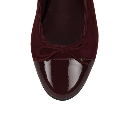 Black Faux Suede And Patent Leather Round-Toe Front Bow Ballet Flats