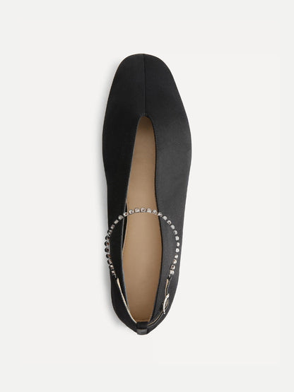 Black Satin Square-Toe Slip-On And Ankle Strap Ballet Flats