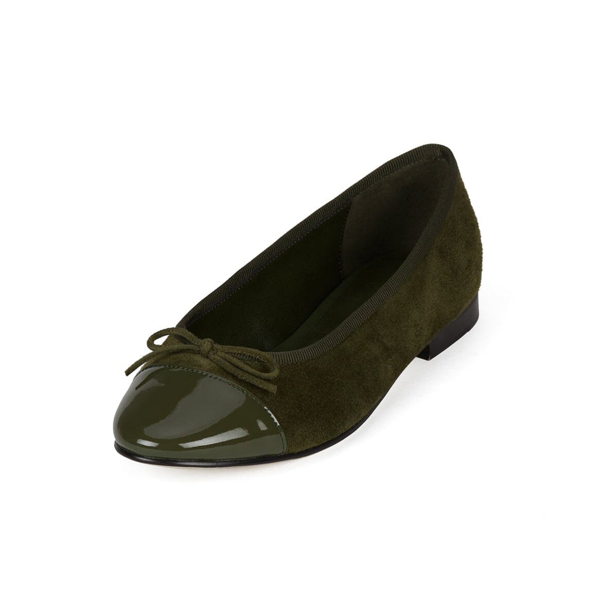 Khaki Faux Suede And Patent Leather Round-Toe Front Bow Ballet Flats