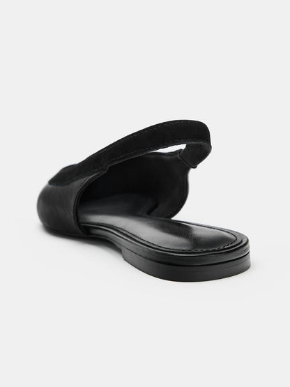 Black Vegan Leather And Faux Suede Pointed-Toe Chic Slingback Flats