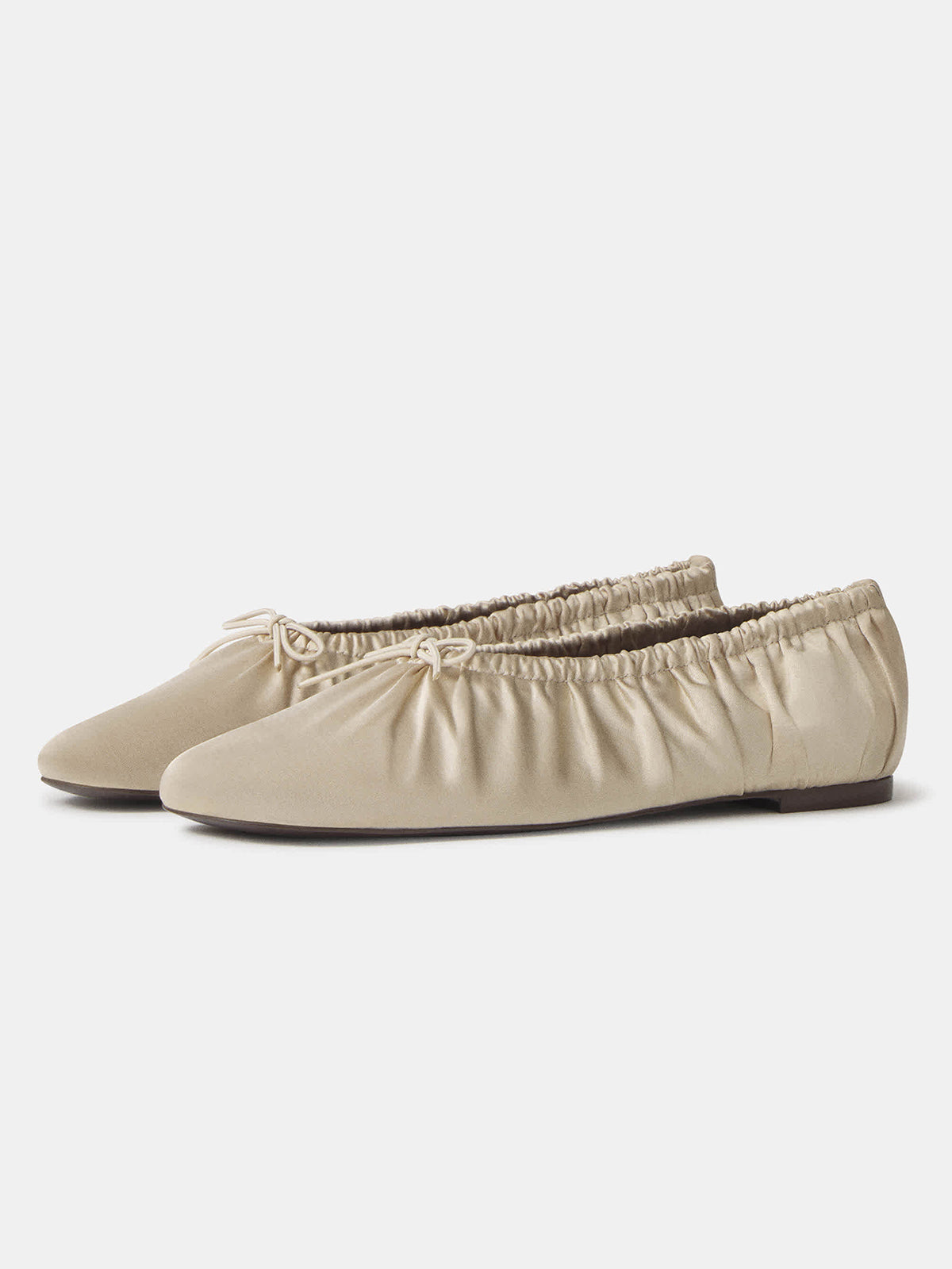 Gray Satin Square-Toe Ruching And Front Bow Ballet Flats