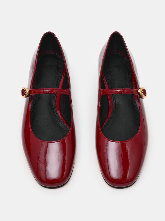 Burgundy Patent Leather Square-Toe Buckle Mary Jane Ballet Flats