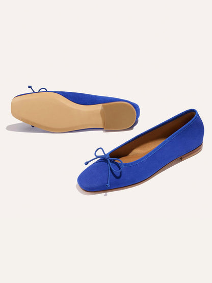 Front Bow Square-Toe Slip-On Chic Ballet Flats - Blue Faux Suede
