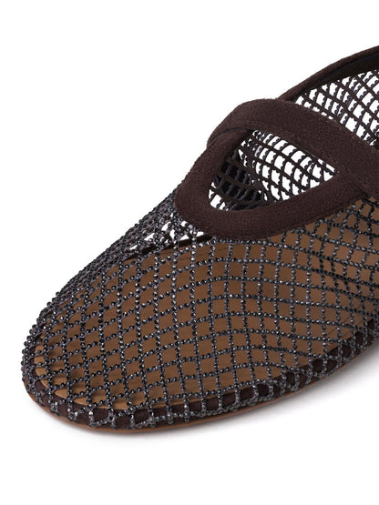 Brown Mesh And Faux Suede Round-Toe Buckle Mary Jane Ballet Flats