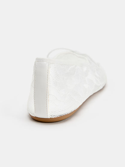 White Lace Mesh Round-Toe Front Bow Slip-On Ballet Flats