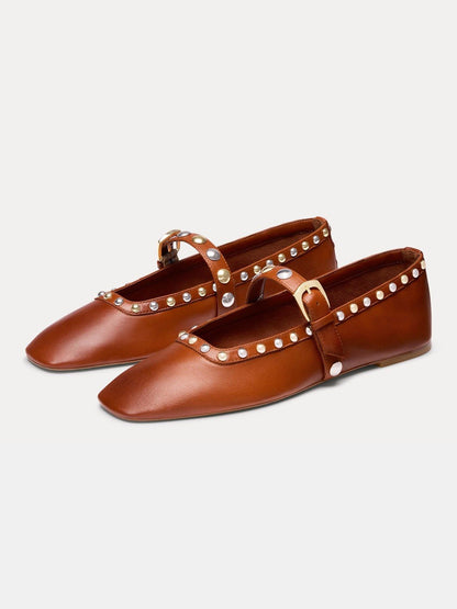Red Square-Toe Buckle Middle Strap And Studs Flats