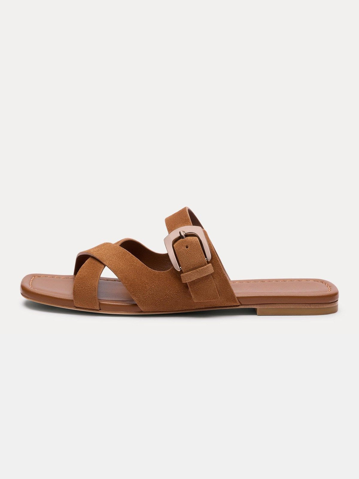 Brown Faux Suede Square-Toe Slip-On Buckle Slide Sandal Flats