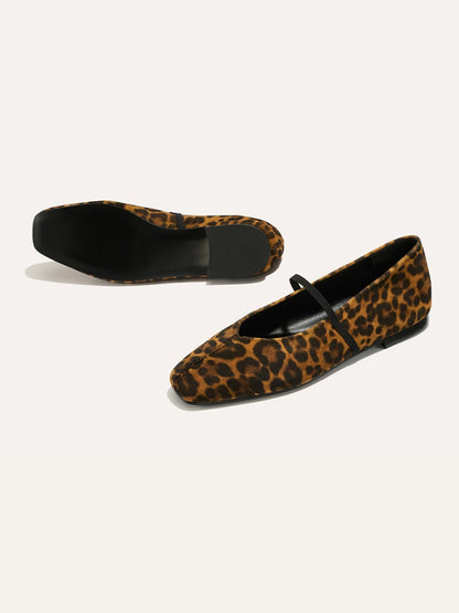 Mary Jane Square-Toe Slip-On Chic Ballet Flats - Leopard Faux Suede