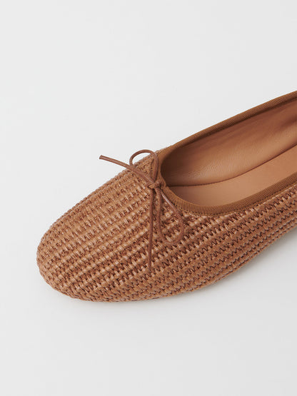 Brown Woven Round-Toe Simple Chic Ballet Flats With Front Bow