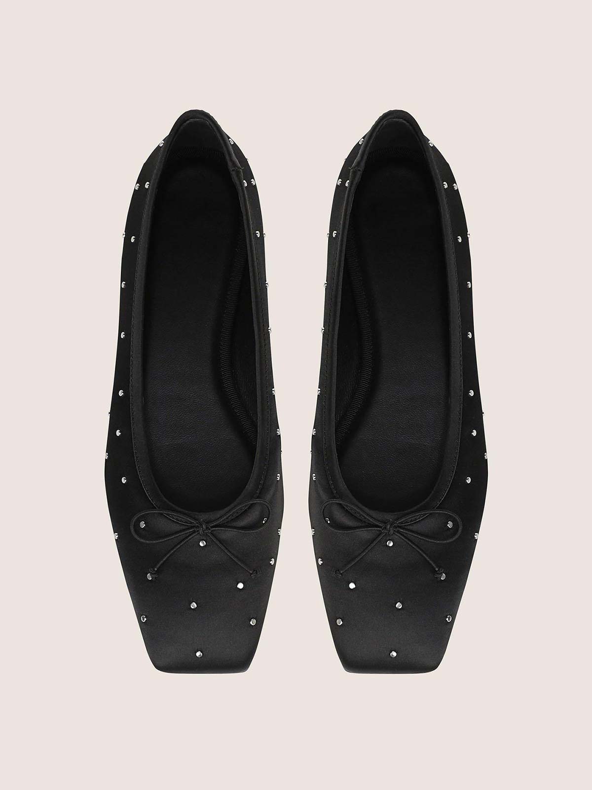 Black Satin Square-Toe Front Bow Studded Chic Ballet Flats
