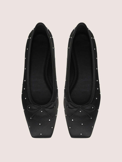 Black Satin Square-Toe Front Bow Studded Chic Ballet Flats