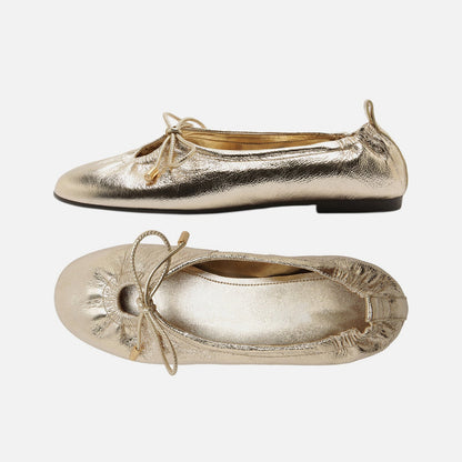 Metallic Gold Round-Toe Front Strap Fashion Slip-On Ballet Flats