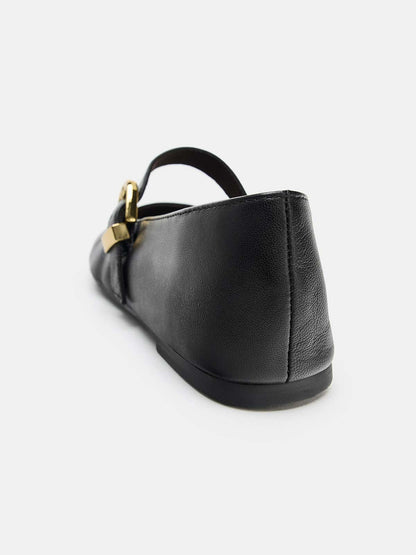 Black Round-Toe Buckle Middle Strap Slip-On Ballet Chic Flats