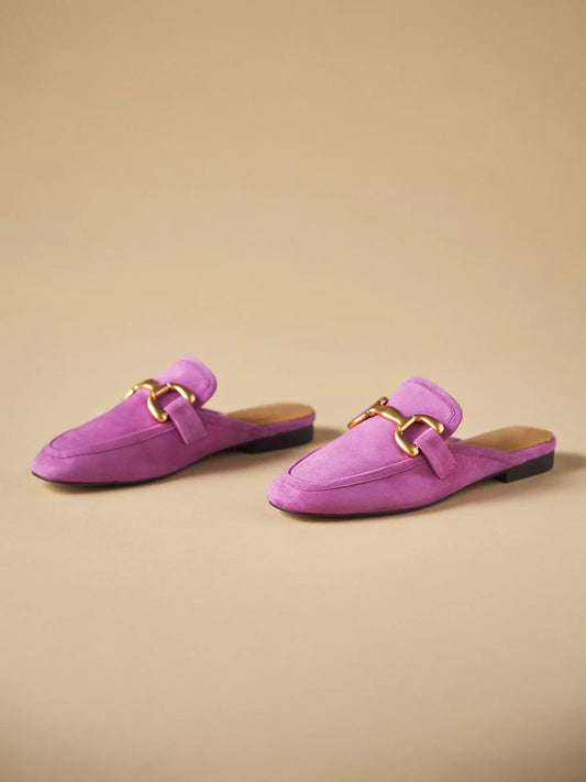 Pink Faux Suede Square-Toe Slip-On Backless Loafers Flats