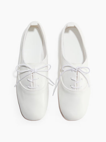 White Square-Toe Chic Lace-Up Slip-On Ballet Flats