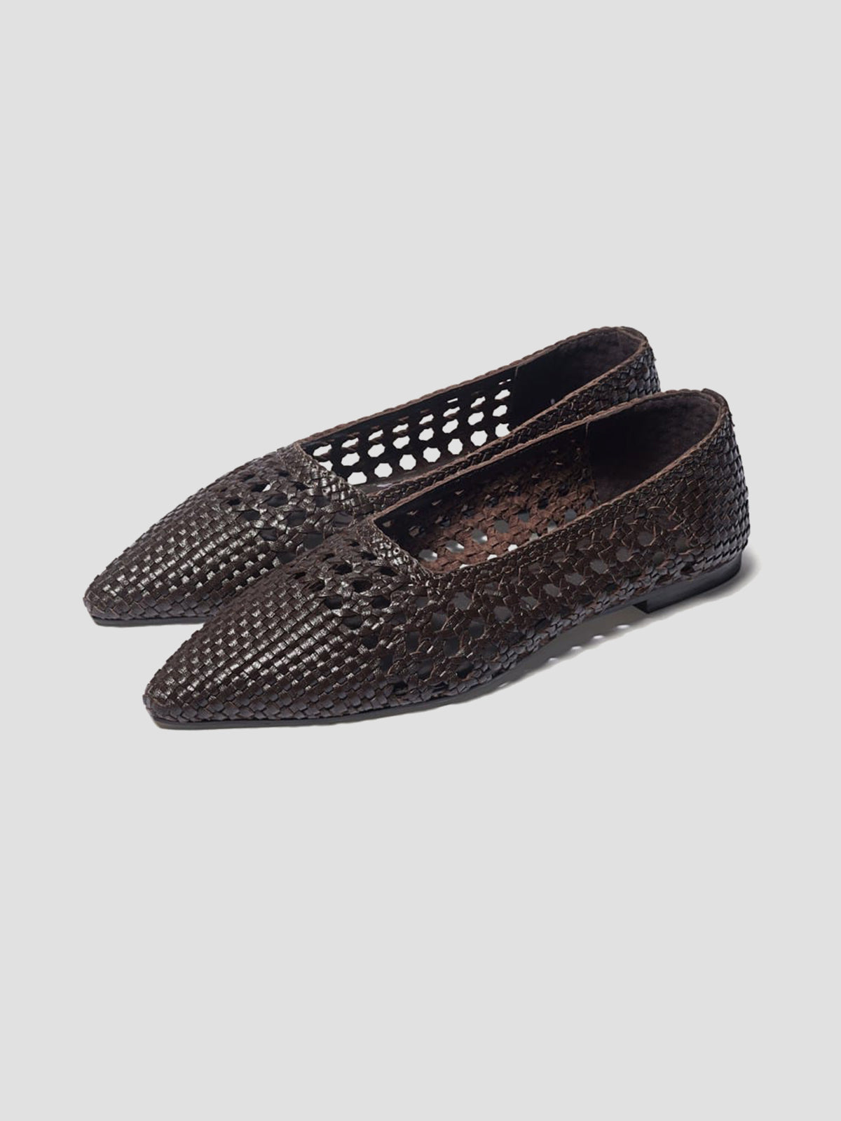 Chocolate Woven Vegan Leather Pointed-Toe Cutout Slip-On Flats