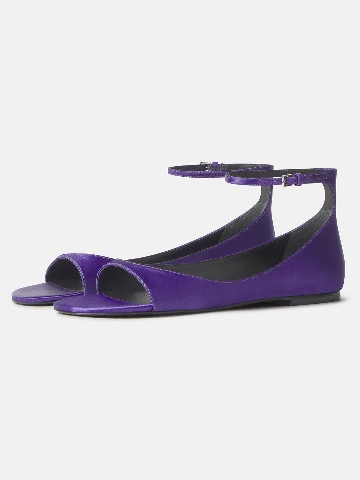 Purple Satin Square-Toe Buckle Ankle Strap Flats Sandals