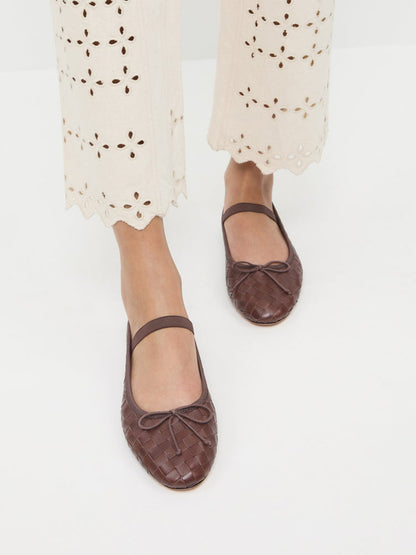Coffee Woven Vegan Leather Round-Toe Front Bow And Middle Strap Ballet Flats
