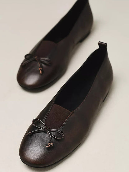 Coffee Square-Toe Front Bow Elastic Ballet Flats