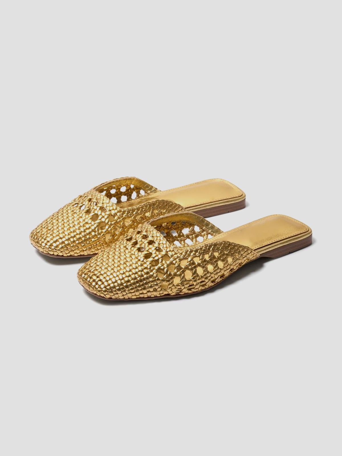 Woven Vegan Leather Square-Toe Cutout Backless Flats - Metallic Gold