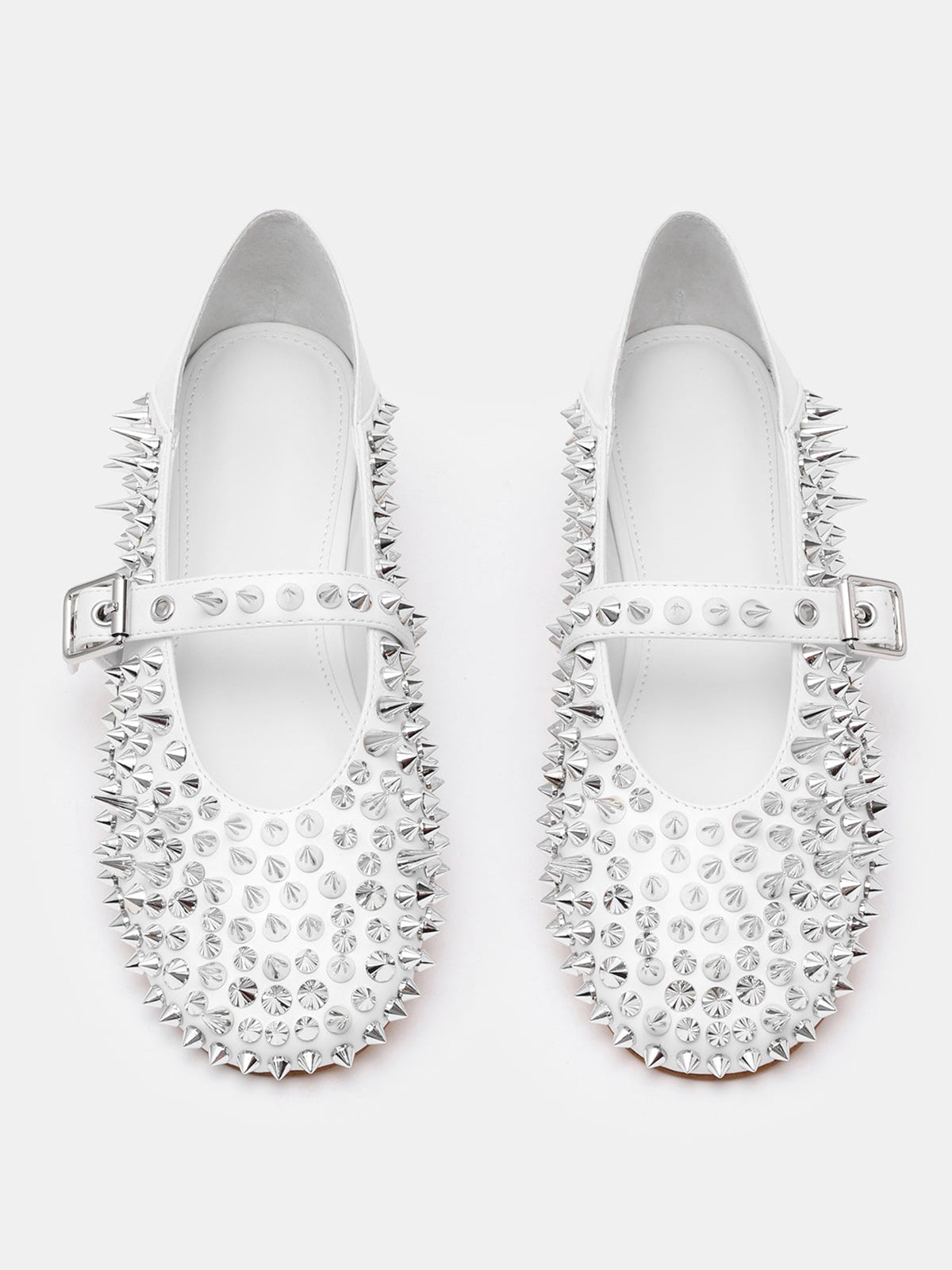 White Round-Toe Full Rivet And Middle Strap Chic Ballet Flats