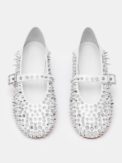 White Round-Toe Full Rivet And Middle Strap Chic Ballet Flats
