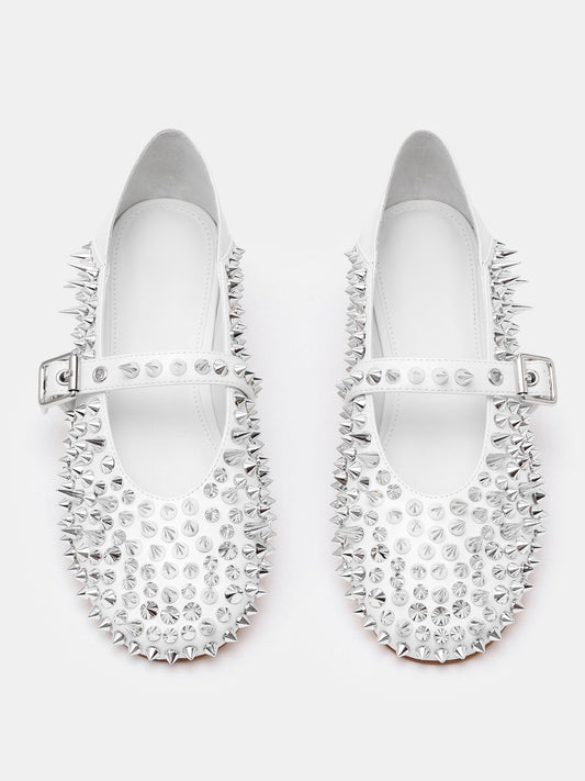 White Round-Toe Full Rivet And Middle Strap Chic Ballet Flats