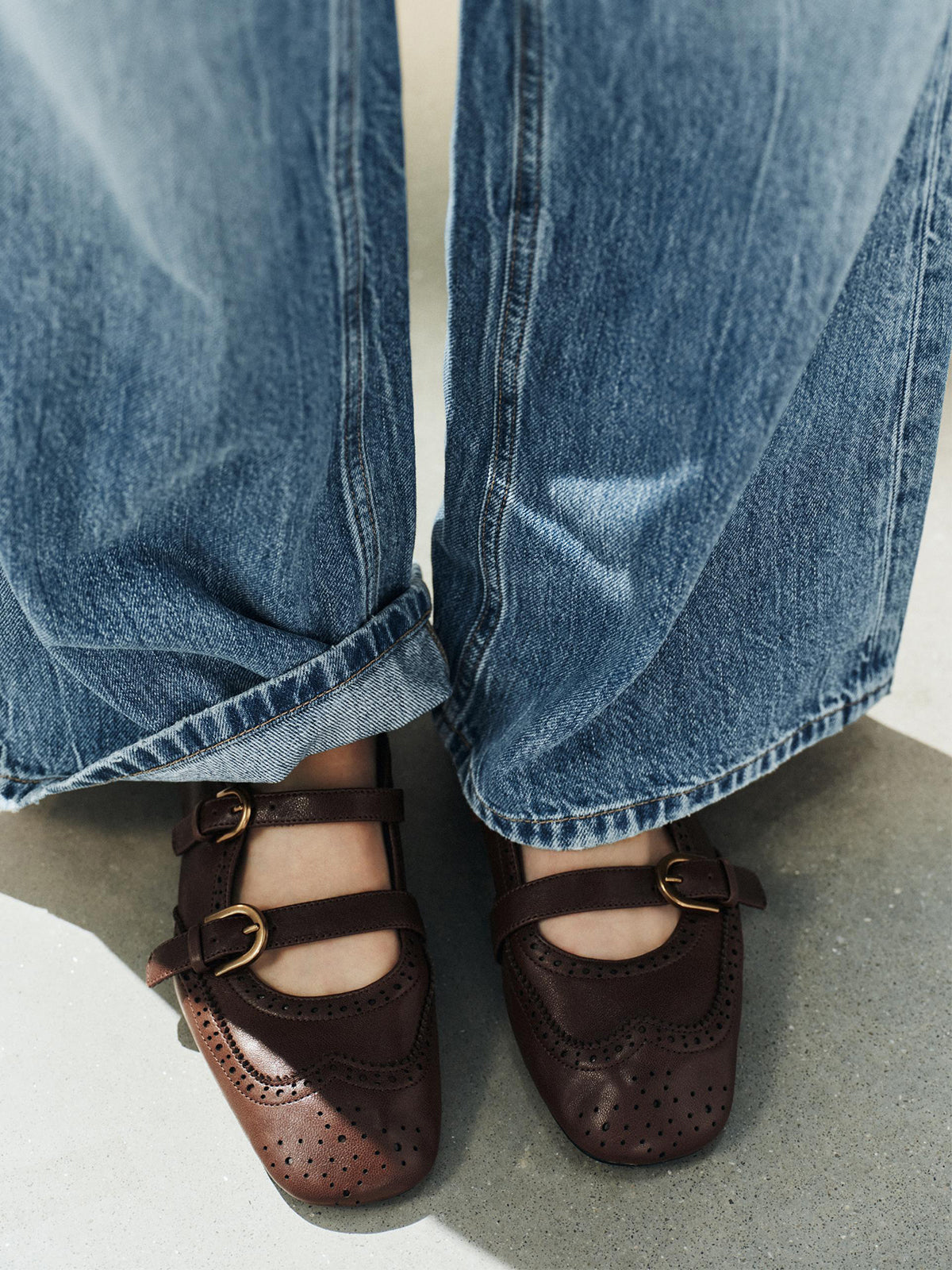 Brown Square-Toe Double Middle Straps With Buckle Chic Ballet Flats