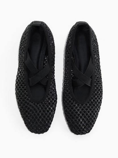 Black Grass Woven Square-Toe Middle Crossed Straps Ballet Flats