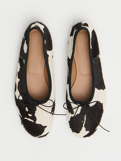 Cow Pattern Round-Toe Simple Chic Ballet Flats With Front Bow