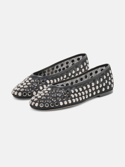 Green Mesh Round-Toe Full Studs Slip-On Ballet Flats