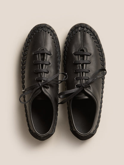 Black Round-Toe Lace-Up And Braided-Detail Sporty Flats