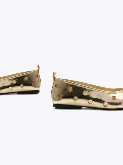 Metallic Gold Square-Toe Front Bow Cutout Slip-On Ballet Flats