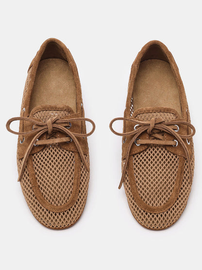 Tan Mesh Lace-Up Boat Shoes