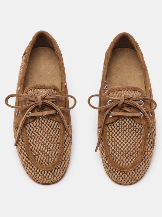 Tan Mesh Lace-Up Boat Shoes