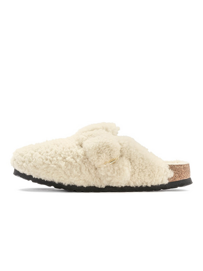 White Faux Shearling Big Buckle Teddy Cork Clogs Rounded Toe Backless Slippers Flats Mules