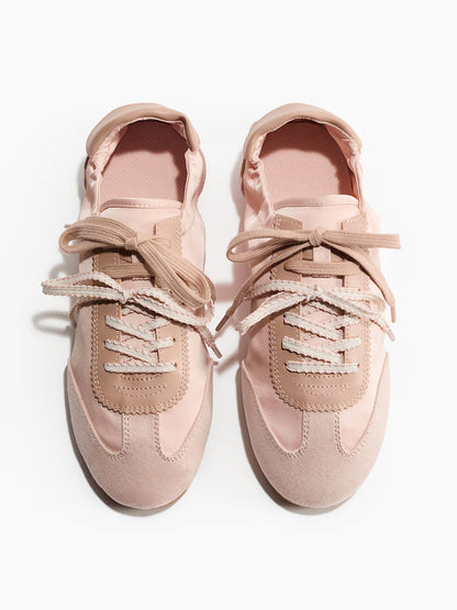 Light Pink Satin And Cow Suede And Cow Leather Round-Toe Lace-Up Flats Sneakers