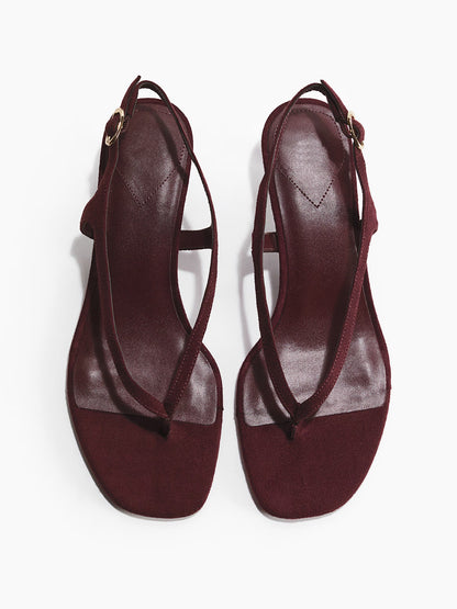 Burgundy Faux Suede Square-Toe Flip-Flop Slingback Kitten Heels