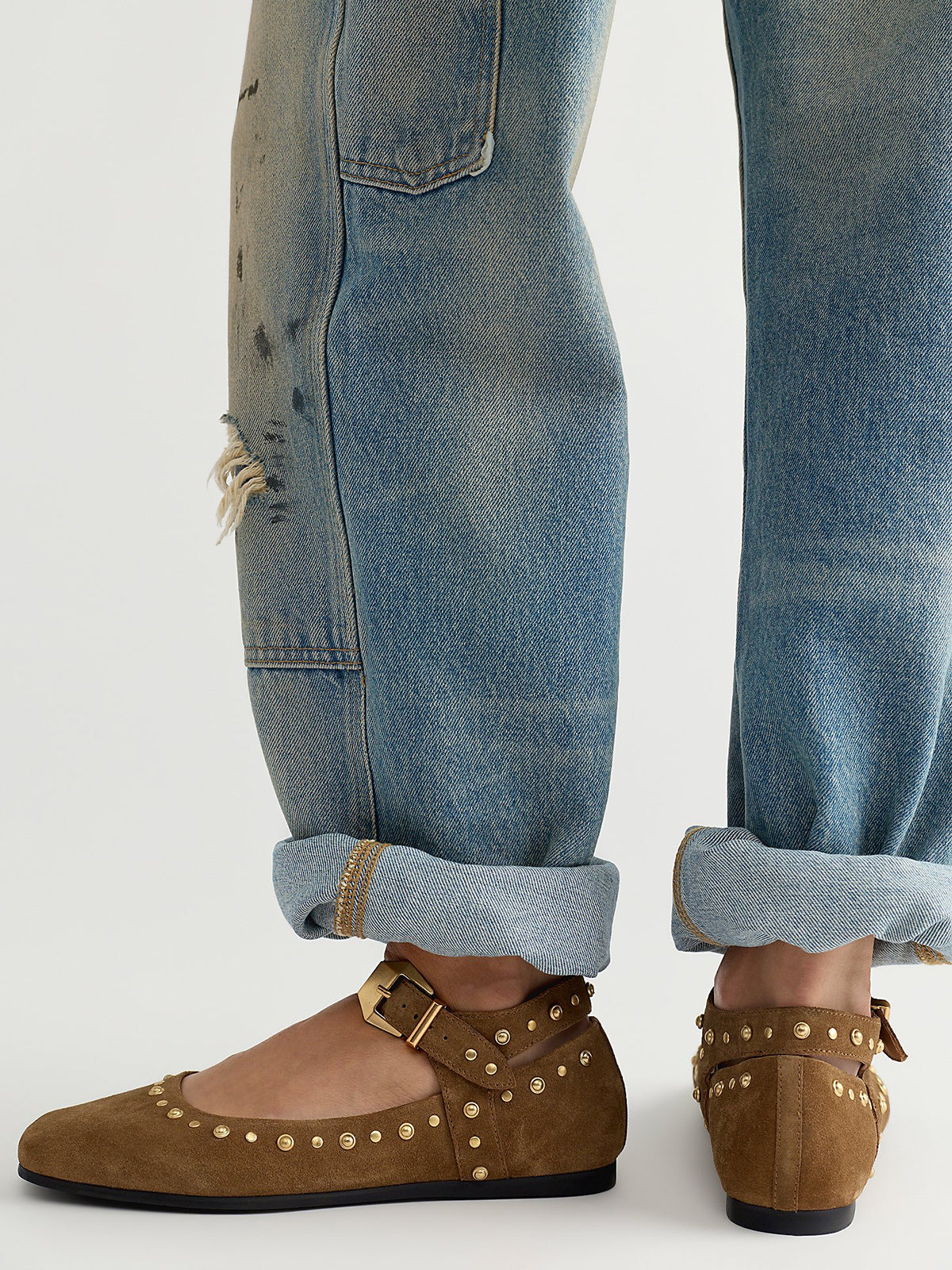Camel Faux Suede Square-Toe Studs And Buckle Mary Jane Chic Flats