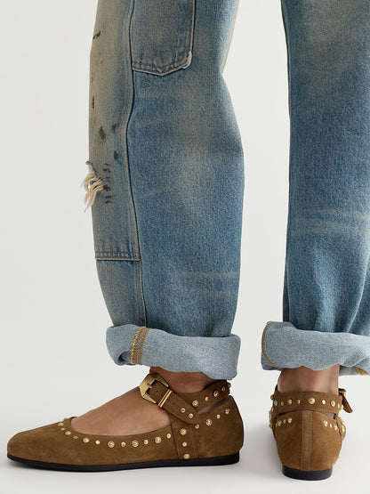 Camel Faux Suede Square-Toe Studs And Buckle Mary Jane Chic Flats