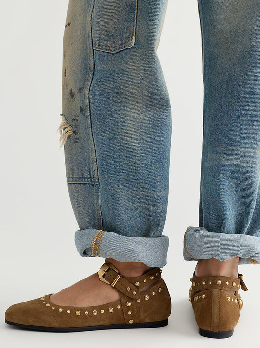 Camel Faux Suede Square-Toe Studs And Buckle Mary Jane Chic Flats