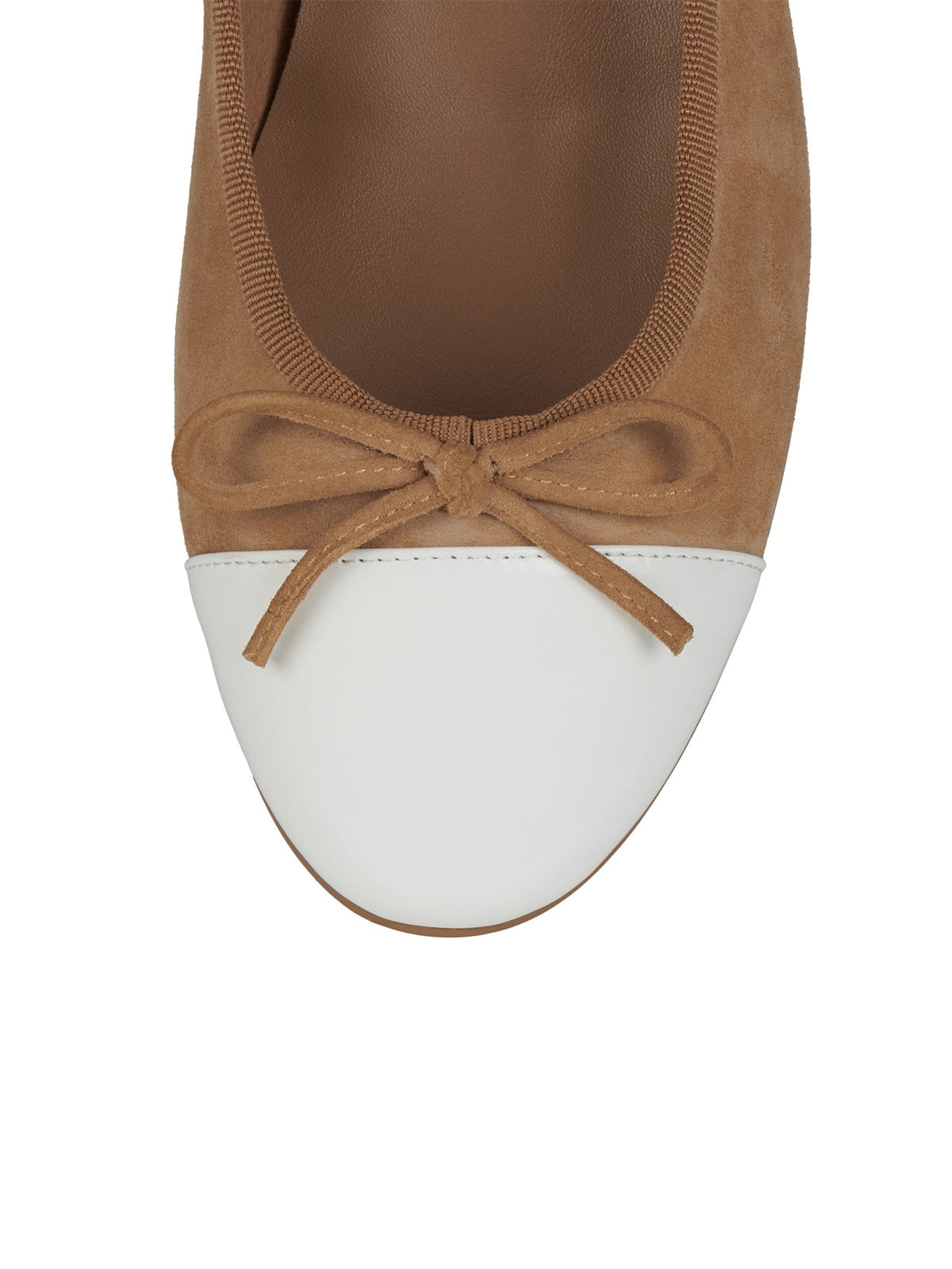 Tan and White Round-Toe Front Bow Slip-On Ballet Flats