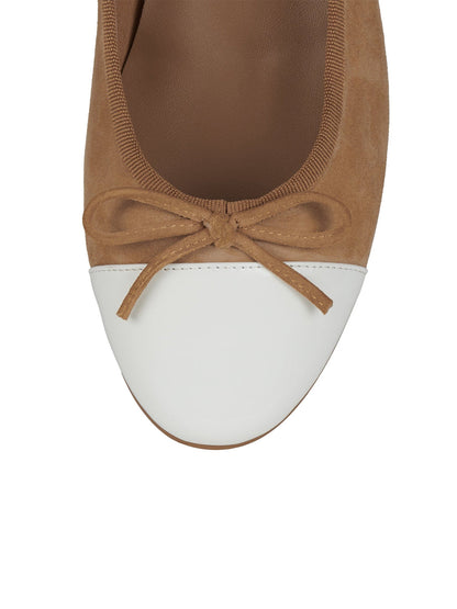Tan and White Round-Toe Front Bow Slip-On Ballet Flats