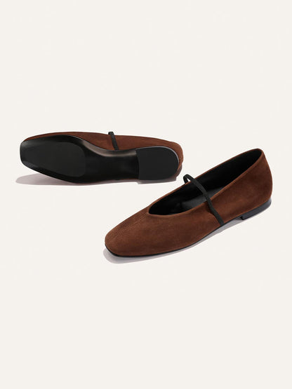Mary Jane Square-Toe Slip-On Chic Ballet Flats - Brown Faux Suede